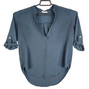 Women's Blue Lush Blouse Top Roll-Tab Sleeve V Neck 100% Polyester Size S
